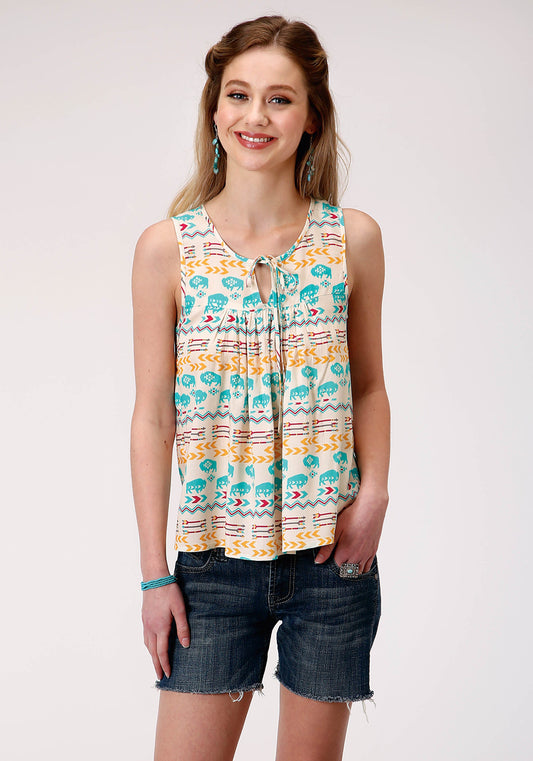 Roper Womens Sleeveless Buffalo Roam Printed Rayon Blouse