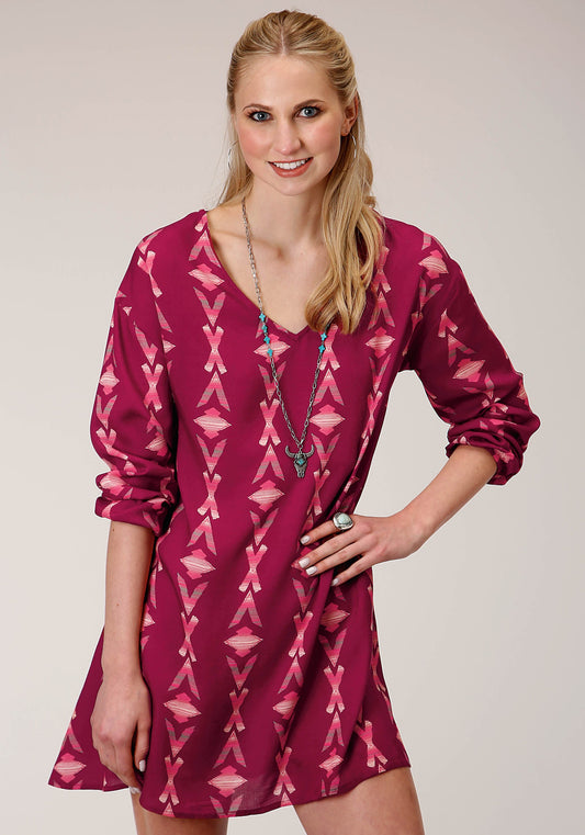 Roper Womens Long Sleeve Wine Aztec Print Dolman Sleeveless Dress - Roper