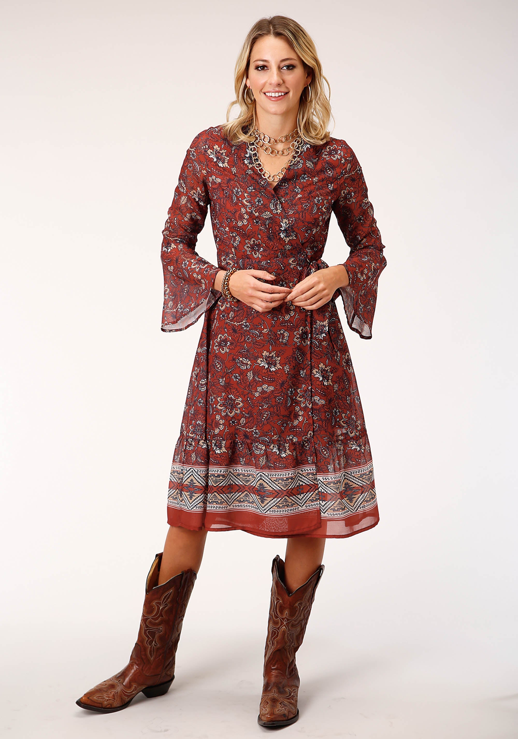 Roper Womens Long Sleeve Rust Floral Border Print Wrap Dress