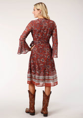 Roper Womens Long Sleeve Rust Floral Border Print Wrap Dress - Flyclothing LLC