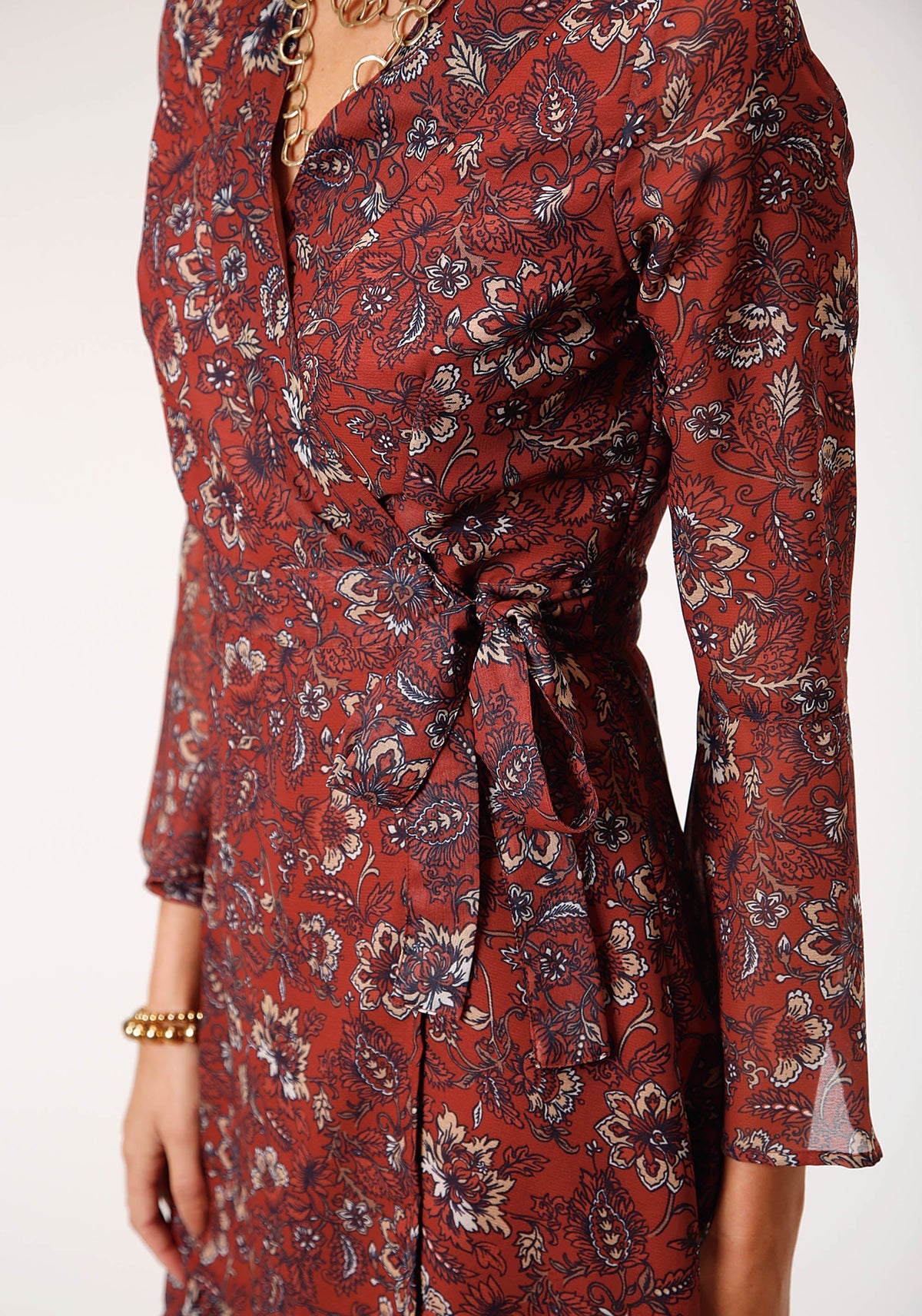 Roper Womens Long Sleeve Rust Floral Border Print Wrap Dress - Flyclothing LLC