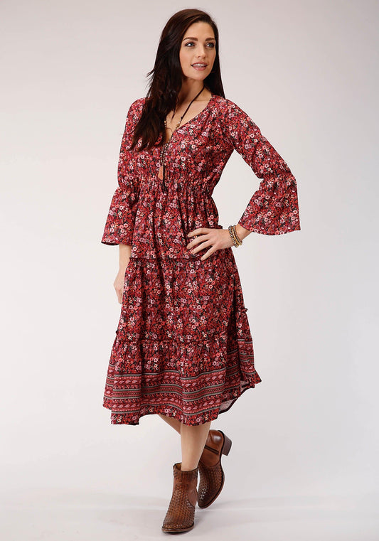 ROPER WOMENS RED FLORAL PRINT LONG SLEEVE DRESS - Flyclothing LLC