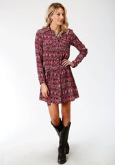Roper Womens Red Multicolored Print Long Sleeve Dress