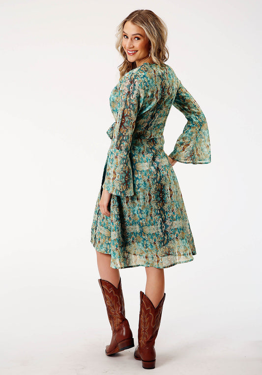 Roper Womens Long Sleeve Poly Teal Snake Print Wrap Dress