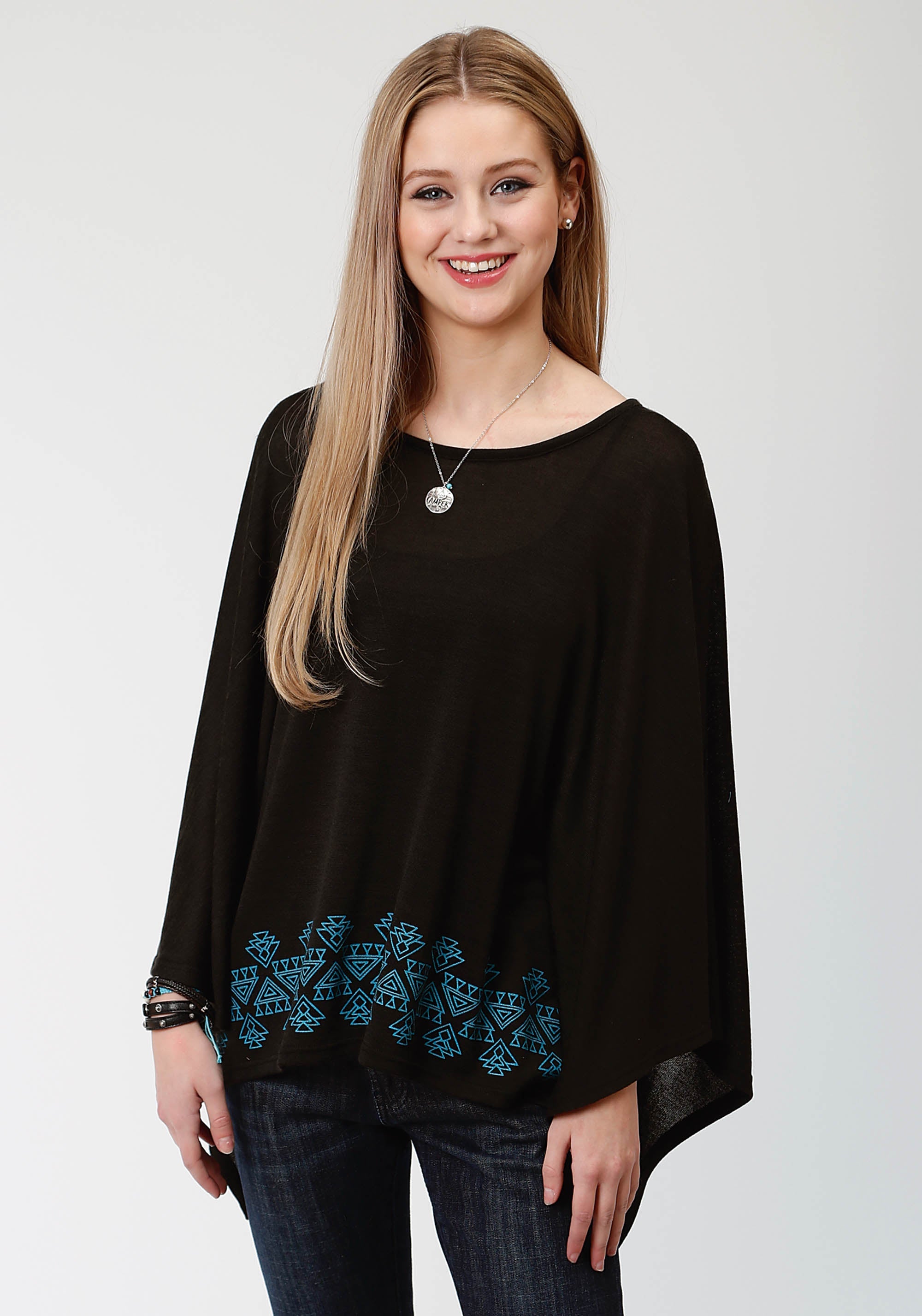 Roper Womens Black And Turquoise Sweater Knit Poncho - Roper