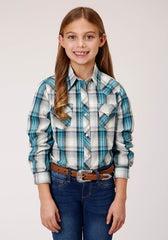 Roper Girls Long Sleeve Snap Vintage Turquoise Plaid Western Shirt