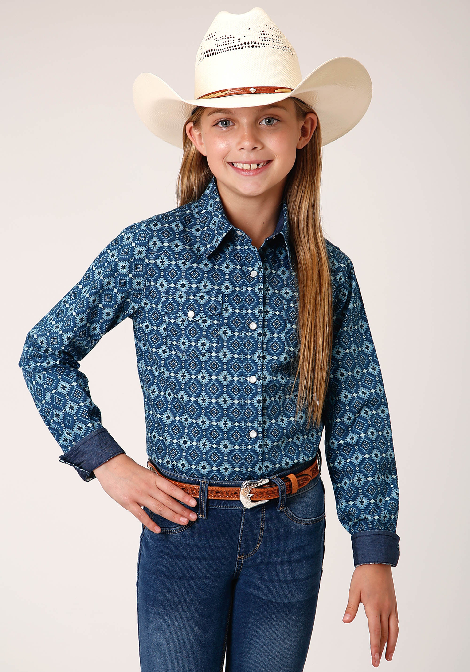 Roper Girls Long Sleeve Snap Mini Aztec Print Western Shirt