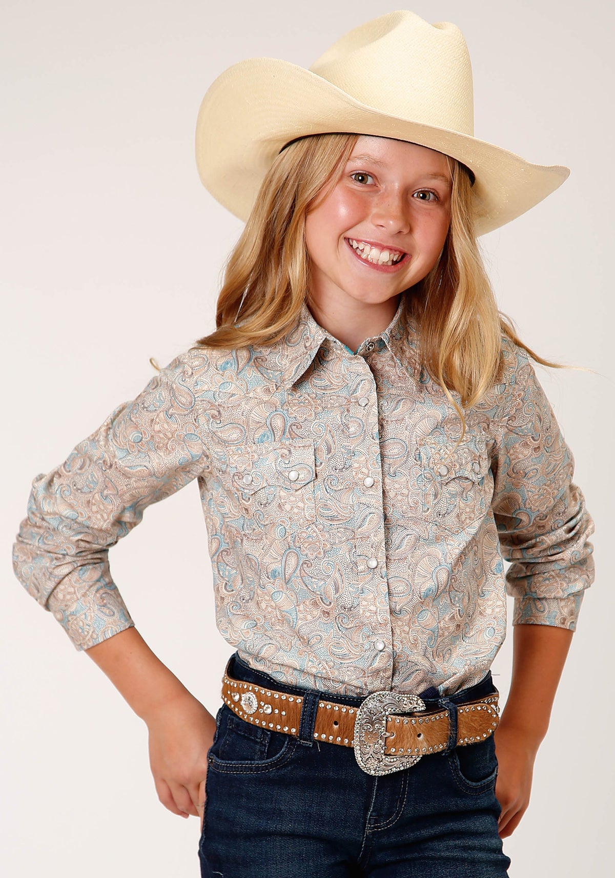 Roper Girls Long Sleeve Snap Dot Paisley Print Western Shirt