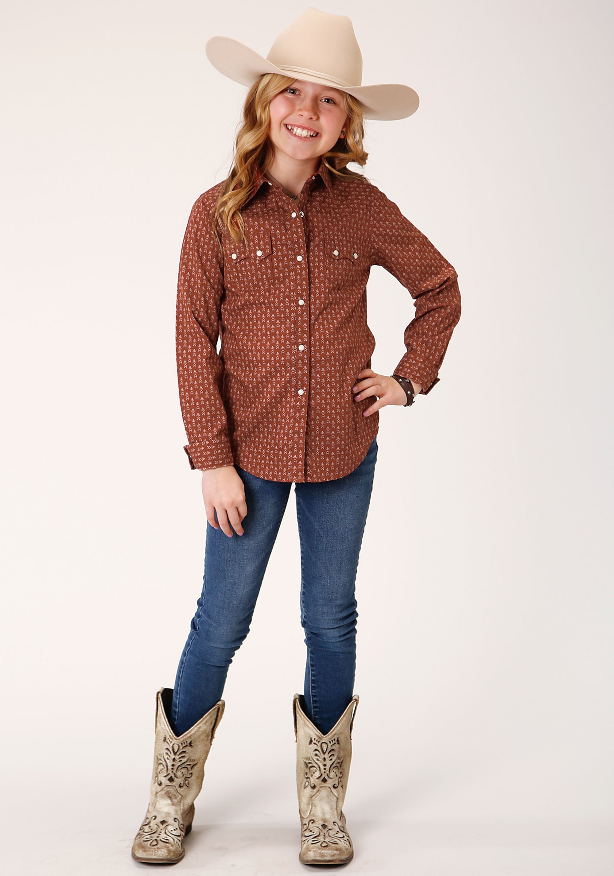 Roper Girls Long Sleeve Snap Arrow Geo Western Shirt