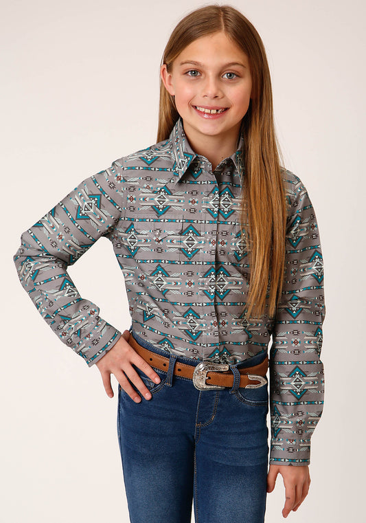 Roper Girls Long Sleeve Snap Geometric Aztec Western Shirt