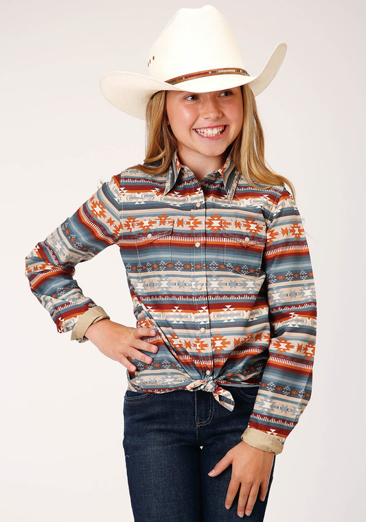 Roper Girls Long Sleeve Snap Sandstone Aztec Print Western Shirt