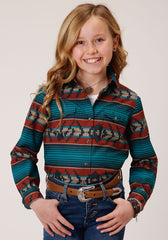 Roper Girls Long Sleeve Snap Ombre Aztec Horizontal Stripe Western Shirt