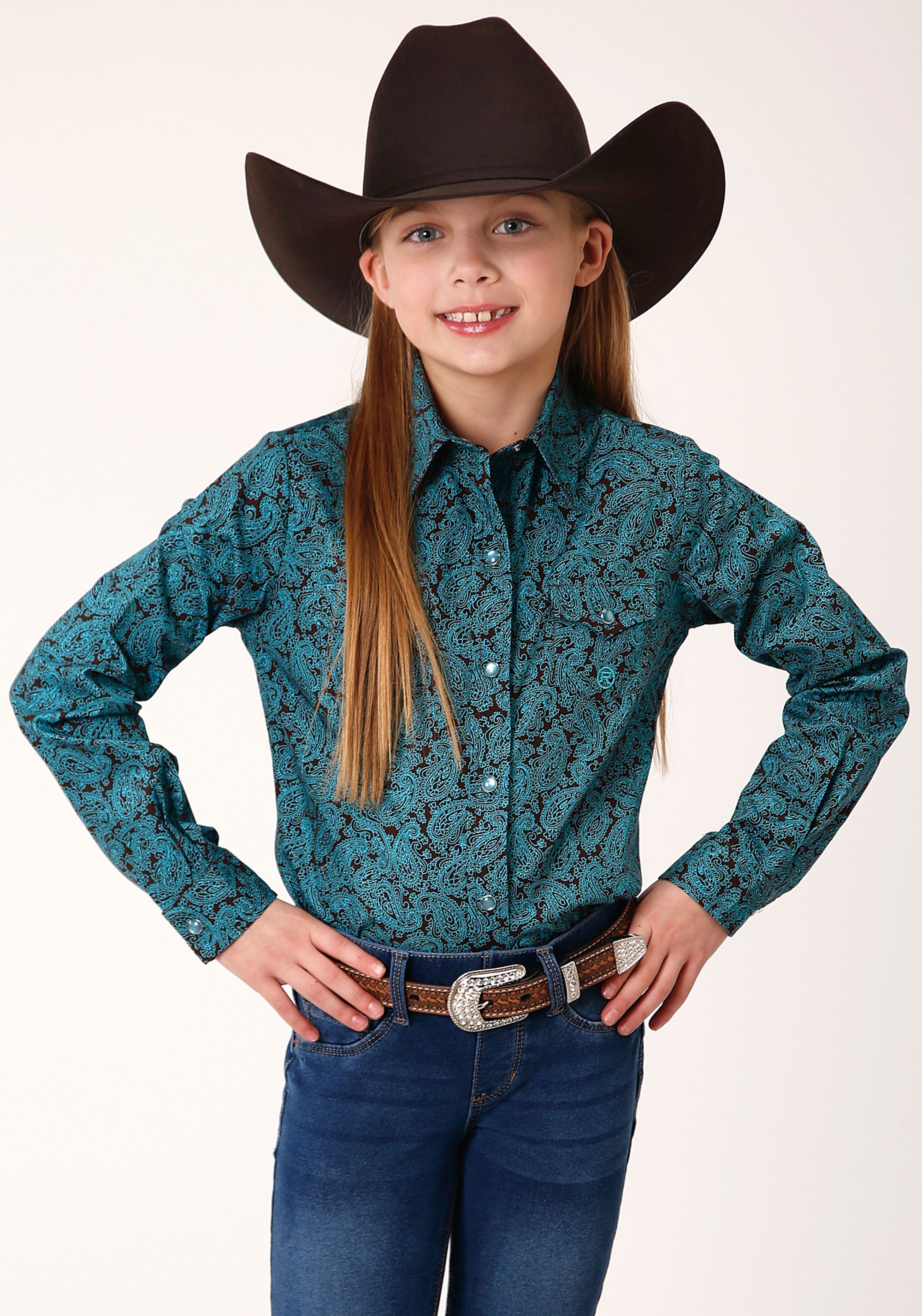 Roper Girls Long Sleeve Snap Blue Agave Paisley Western Shirt