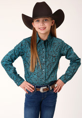 Roper Girls Long Sleeve Snap Blue Agave Paisley Western Shirt