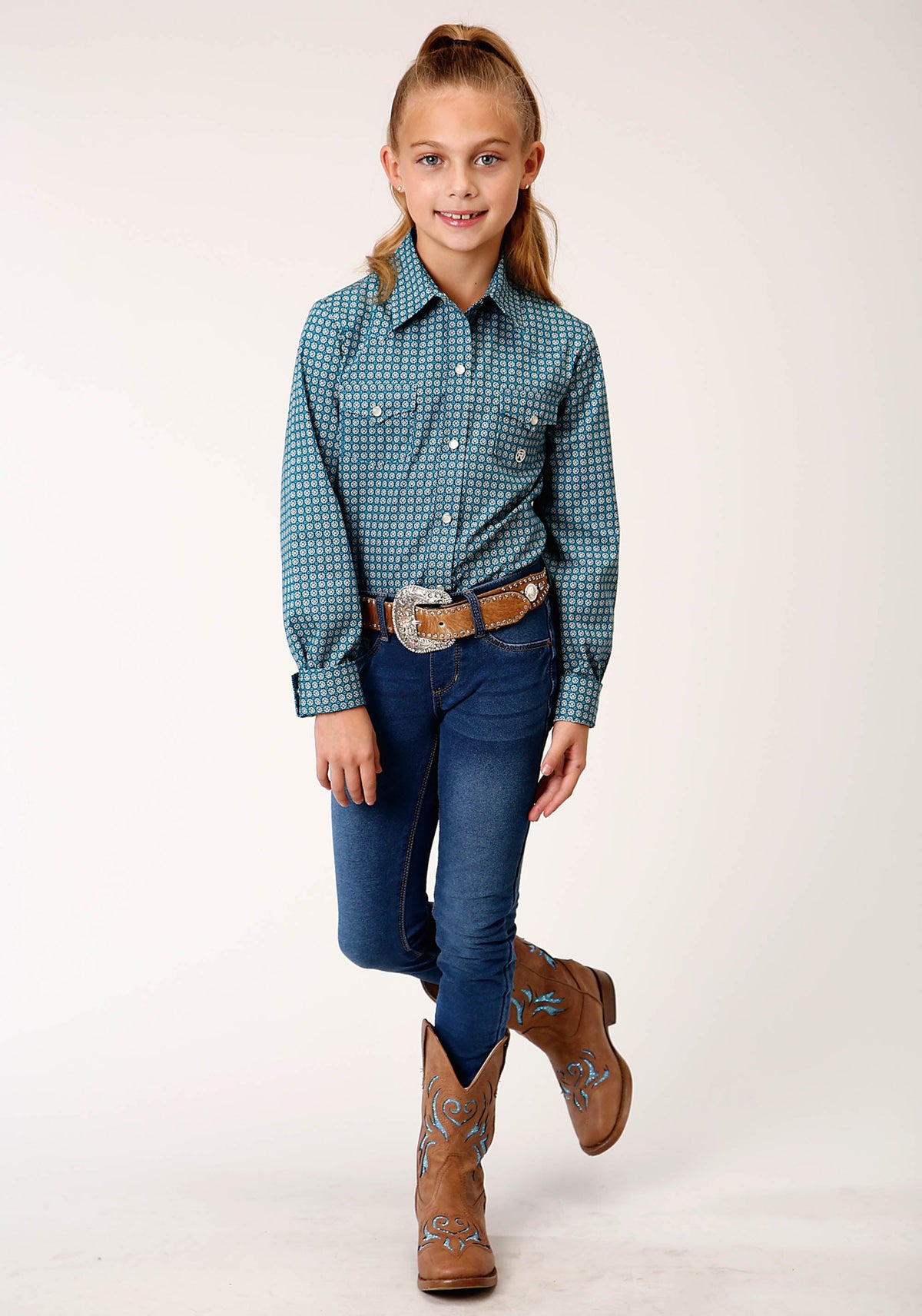 Roper Girls Long Sleeve Snap Azure Neat Western Shirt - Flyclothing LLC