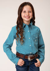 Roper Girls Long Sleeve Snap Diamond Print Turquoise Western Shirt