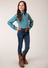 Roper Girls Long Sleeve Snap Diamond Print Turquoise Western Shirt - Flyclothing LLC