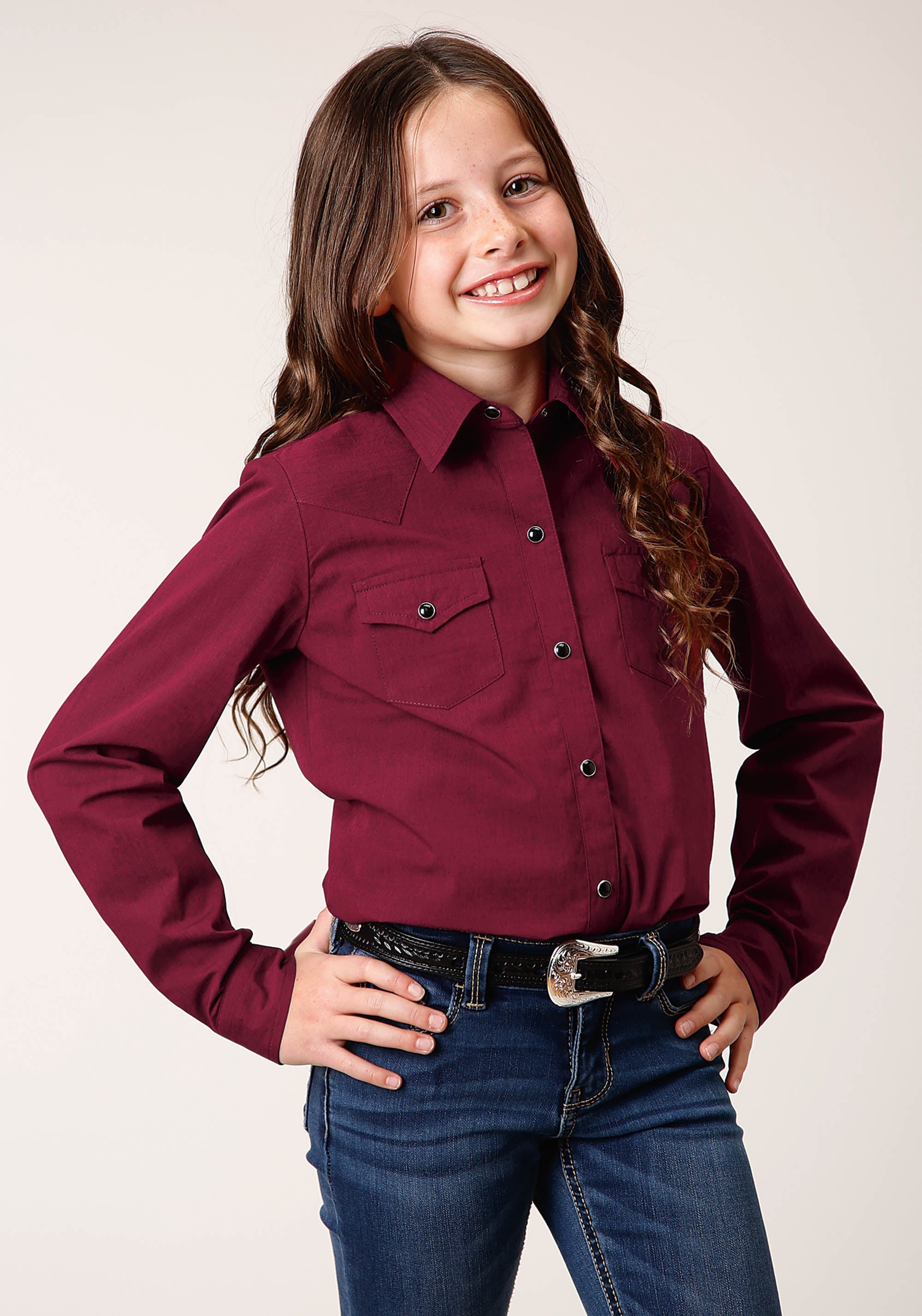 Roper Girls Long Sleeve Snap Black Fill Solid Wine Western Shirt