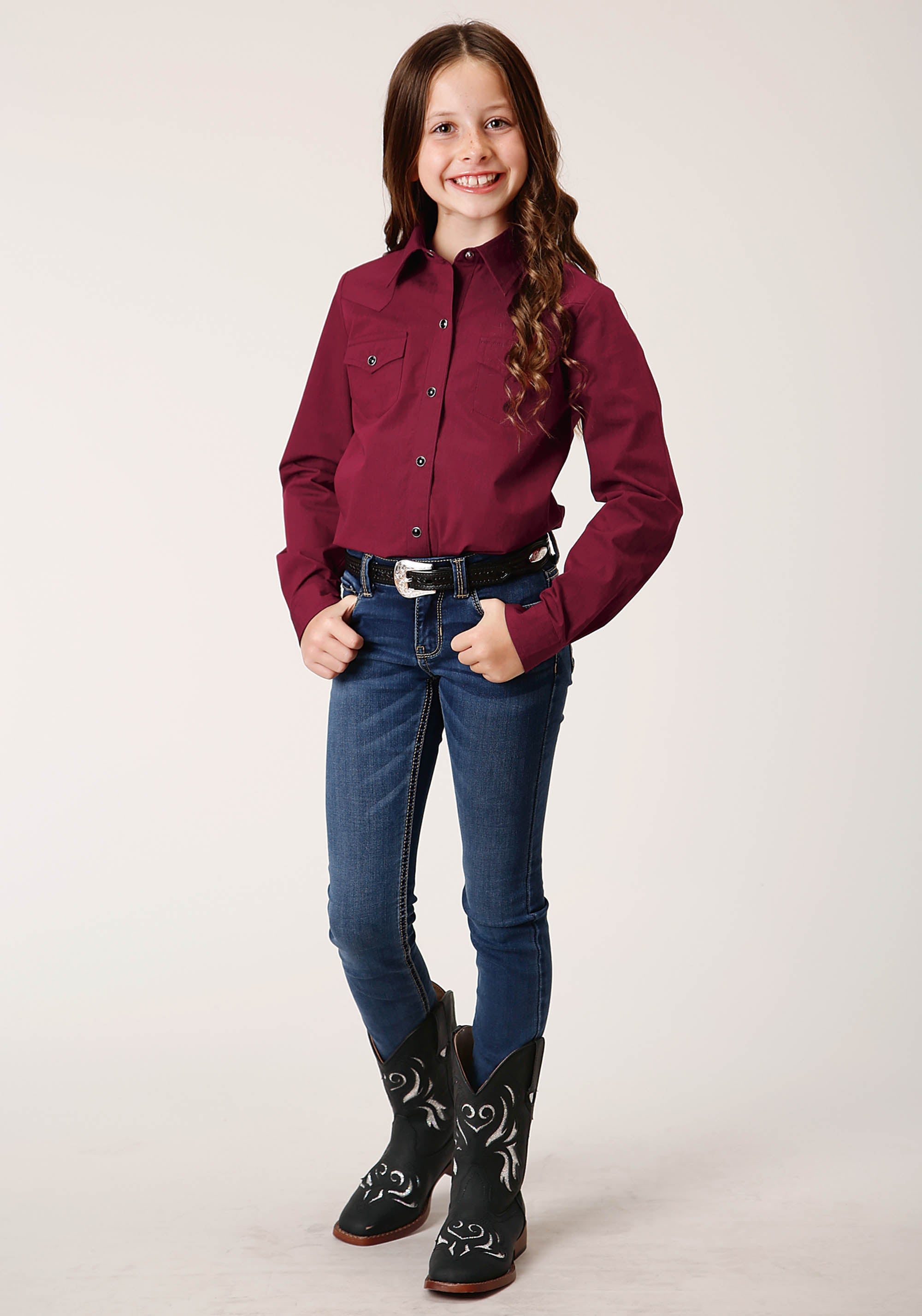 Roper Girls Long Sleeve Snap Black Fill Solid Wine Western Shirt - Flyclothing LLC