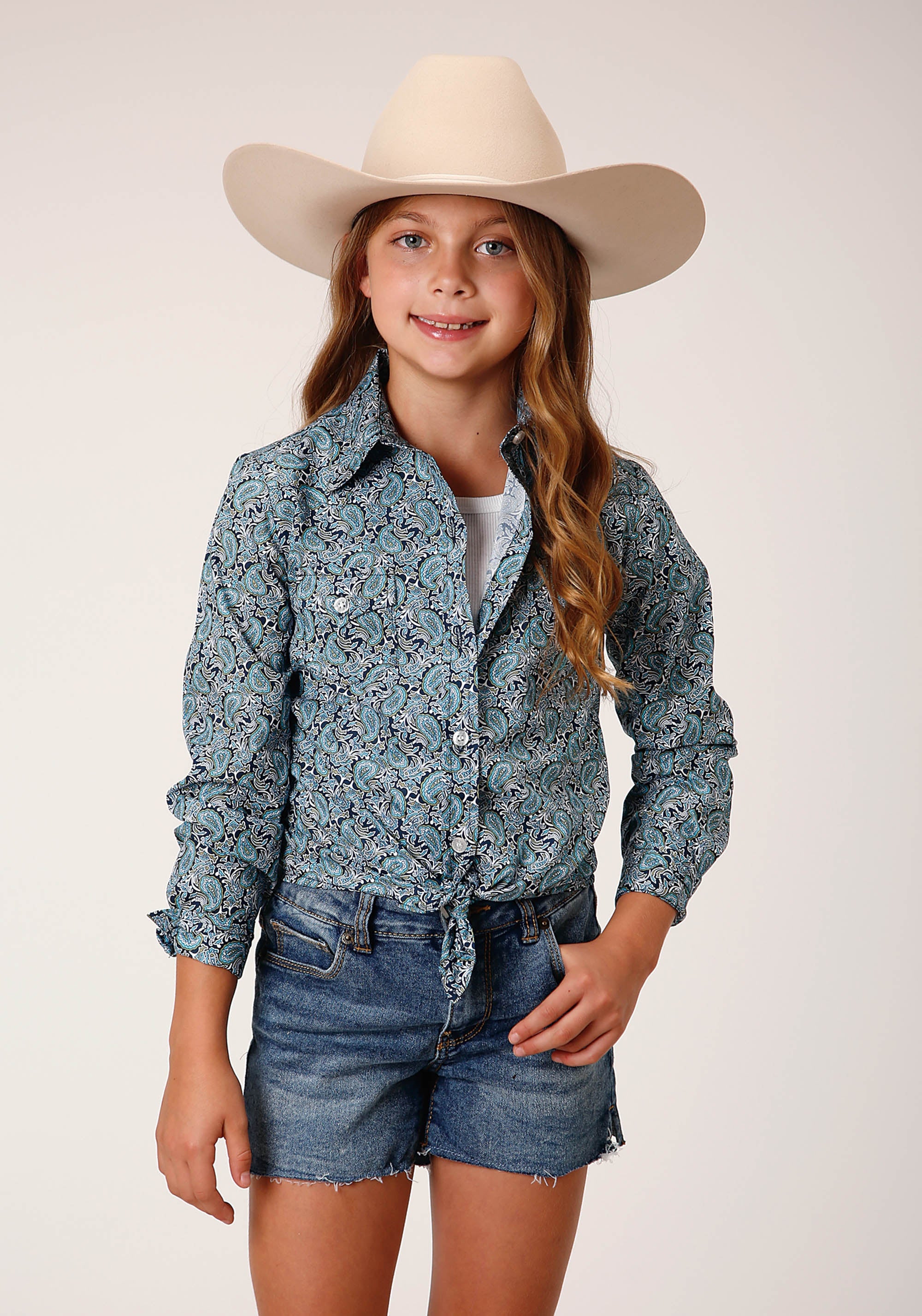 Roper Girls Long Sleeve Button Peacock Paisley Western Shirt