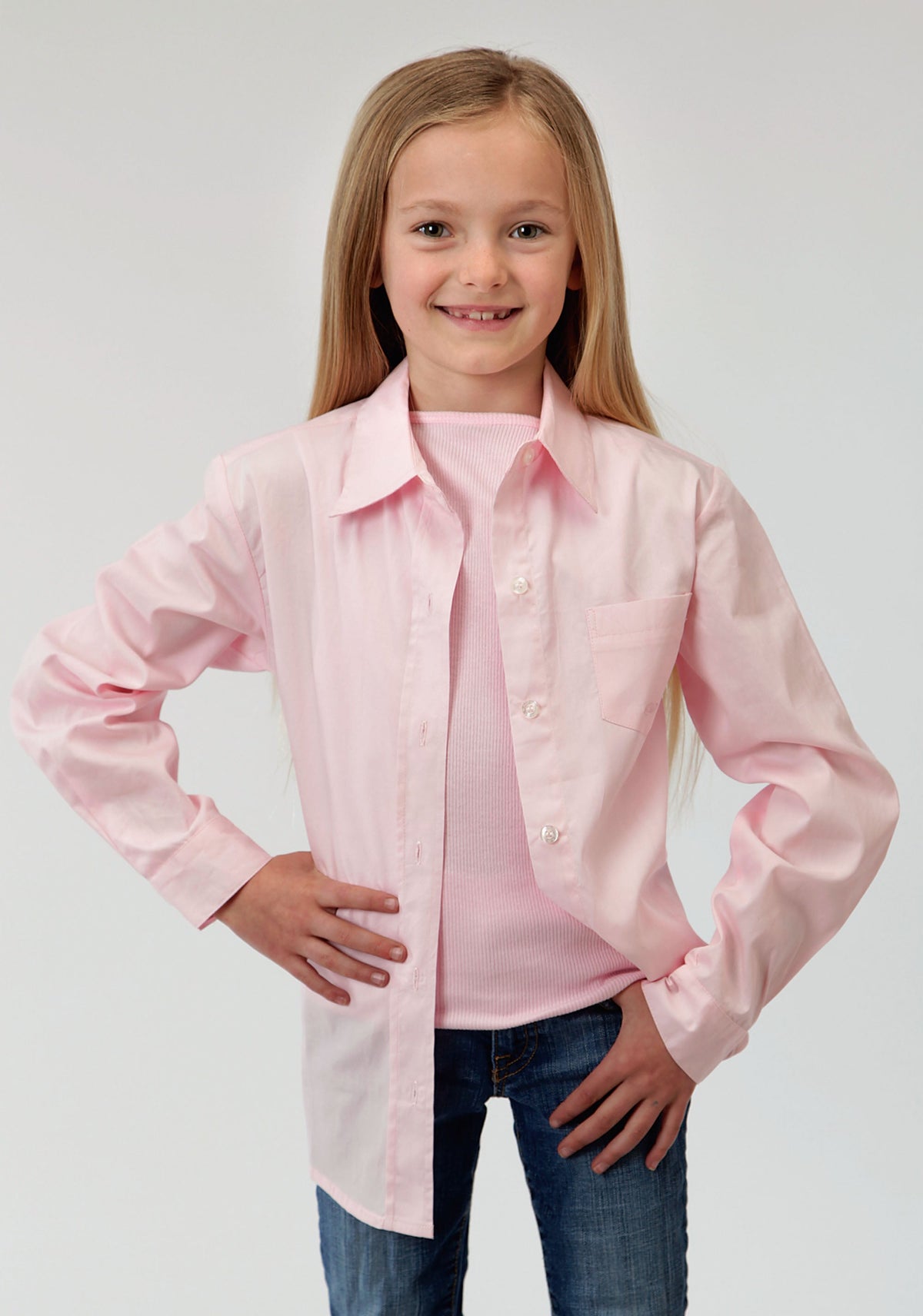 Roper Girls Pink Solid Long Sleeve Western Button Shirt