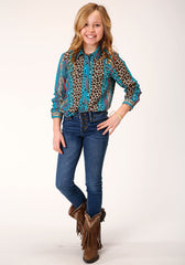 Roper Girls Long Sleeve Snap Leopard Stripe Print Rayon Western Shirt