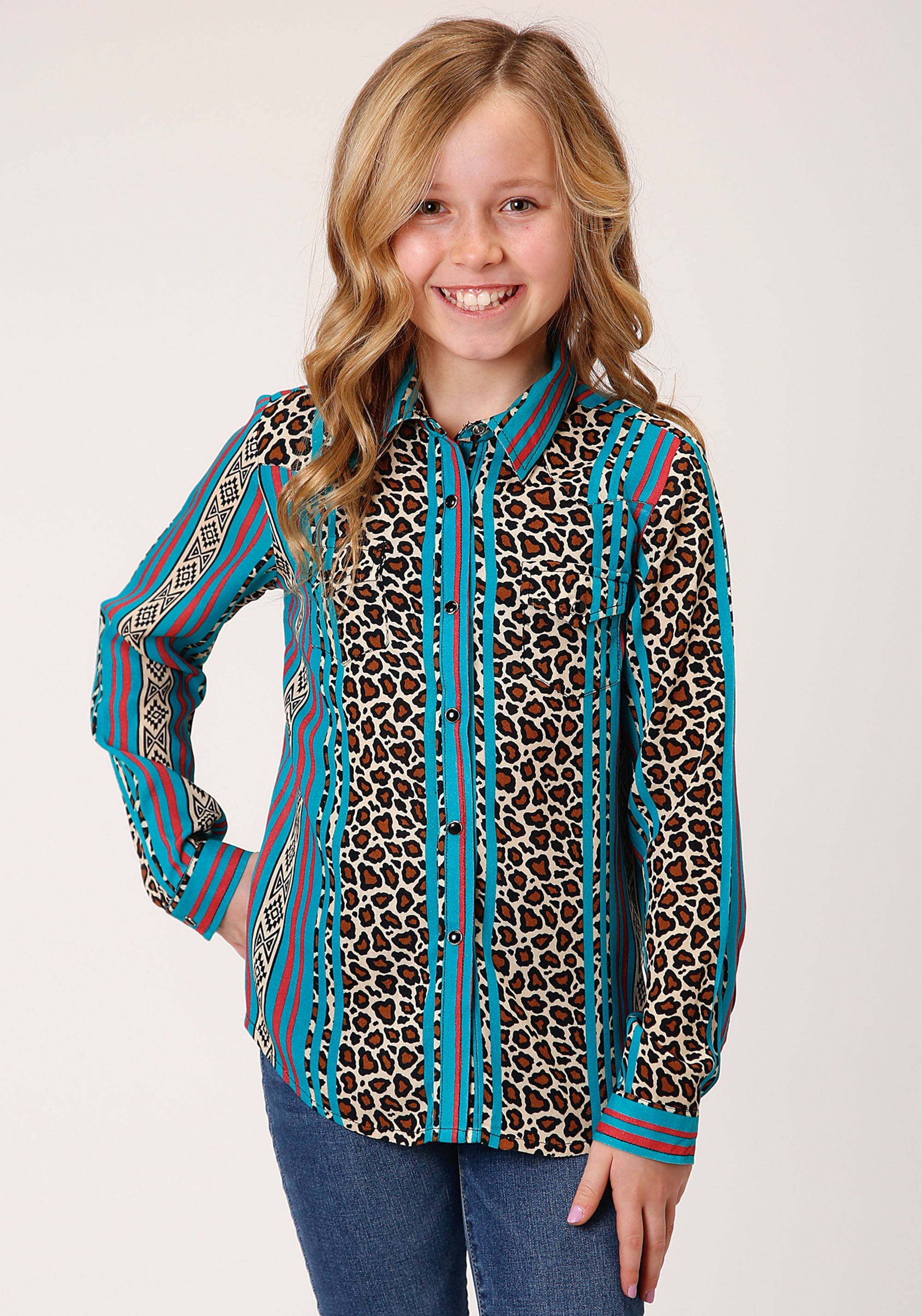 Roper Girls Long Sleeve Snap Leopard Stripe Print Rayon Western Shirt - Roper