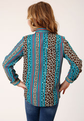 Roper Girls Long Sleeve Snap Leopard Stripe Print Rayon Western Shirt - Roper