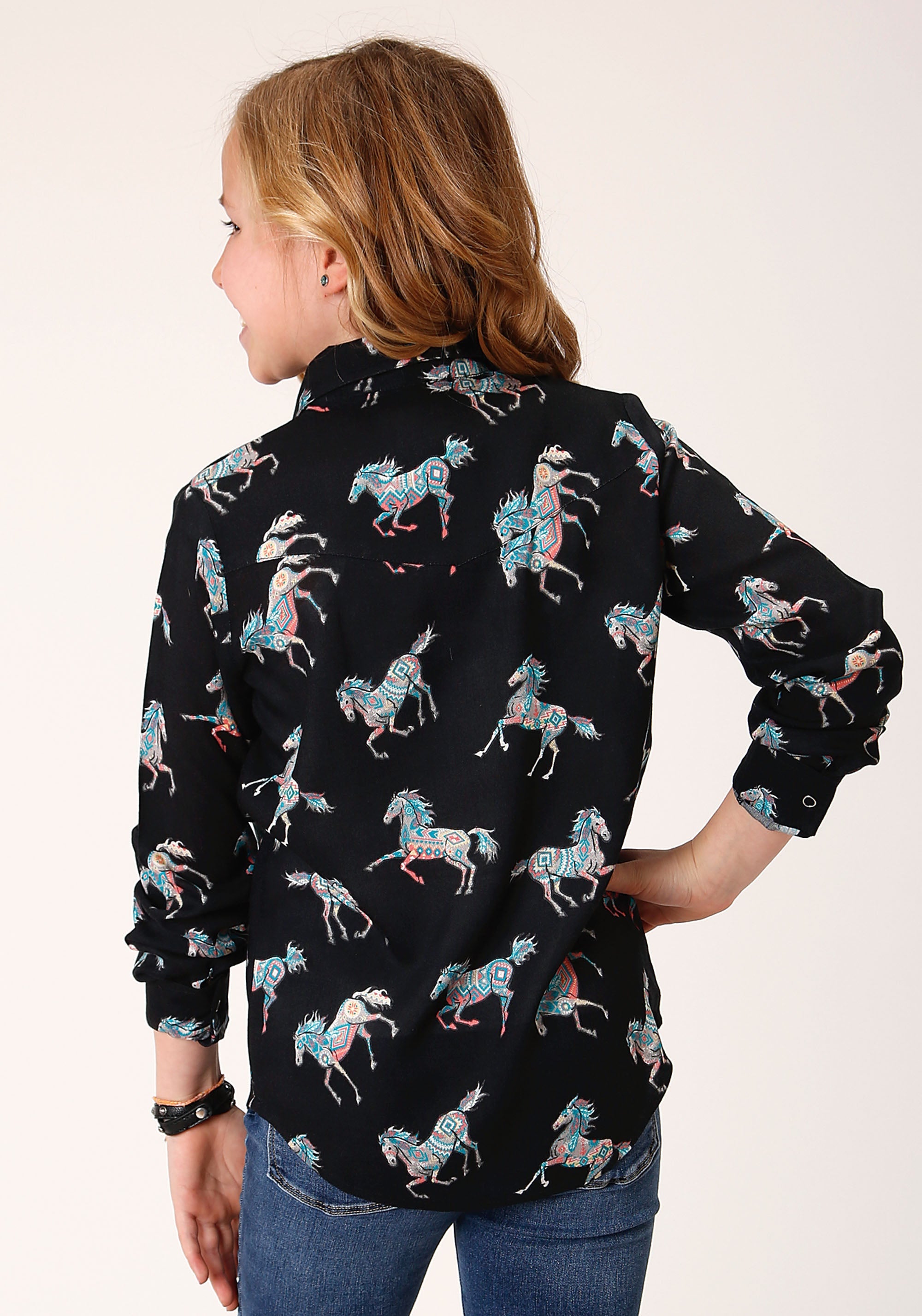 Roper Girls Long Sleeve Snap Wild Horse Print Rayon Western Shirt - Flyclothing LLC