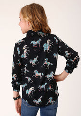 Roper Girls Long Sleeve Snap Wild Horse Print Rayon Western Shirt - Flyclothing LLC