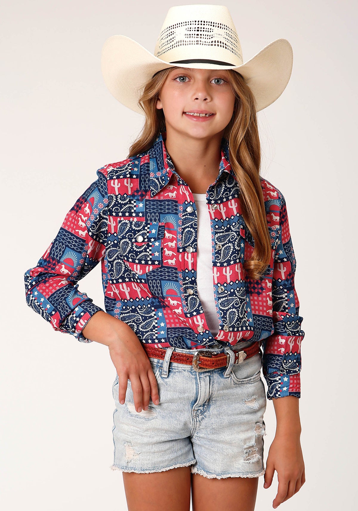 Roper Girls Long Sleeve Snap Bandana Print Rayon Shirt