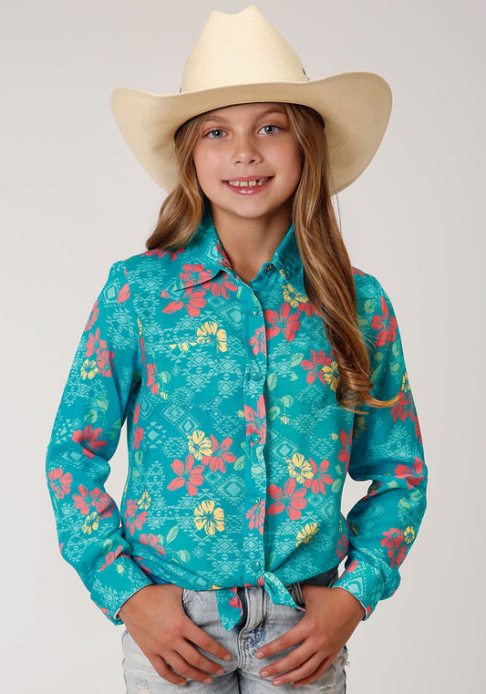 Roper Girls Long Sleeve Snap Tropical Aztec Print Rayon Western Shirt