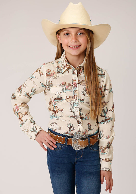 Roper Girls Long Sleeve Snap Retro Rodeo Print Rayon Western Shirt