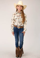 Roper Girls Long Sleeve Snap Retro Rodeo Print Rayon Western Shirt - Flyclothing LLC