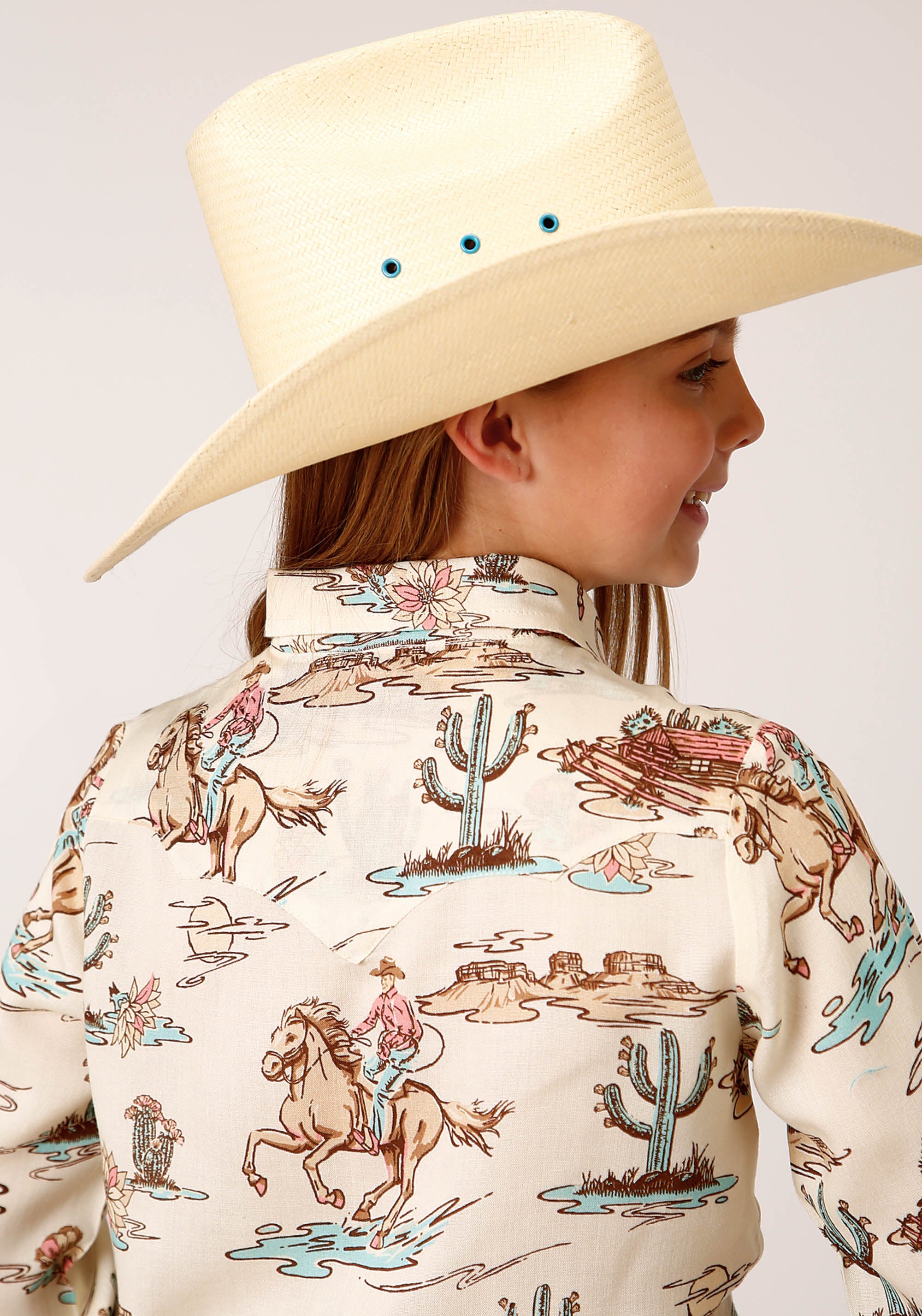 Roper Girls Long Sleeve Snap Retro Rodeo Print Rayon Western Shirt - Roper