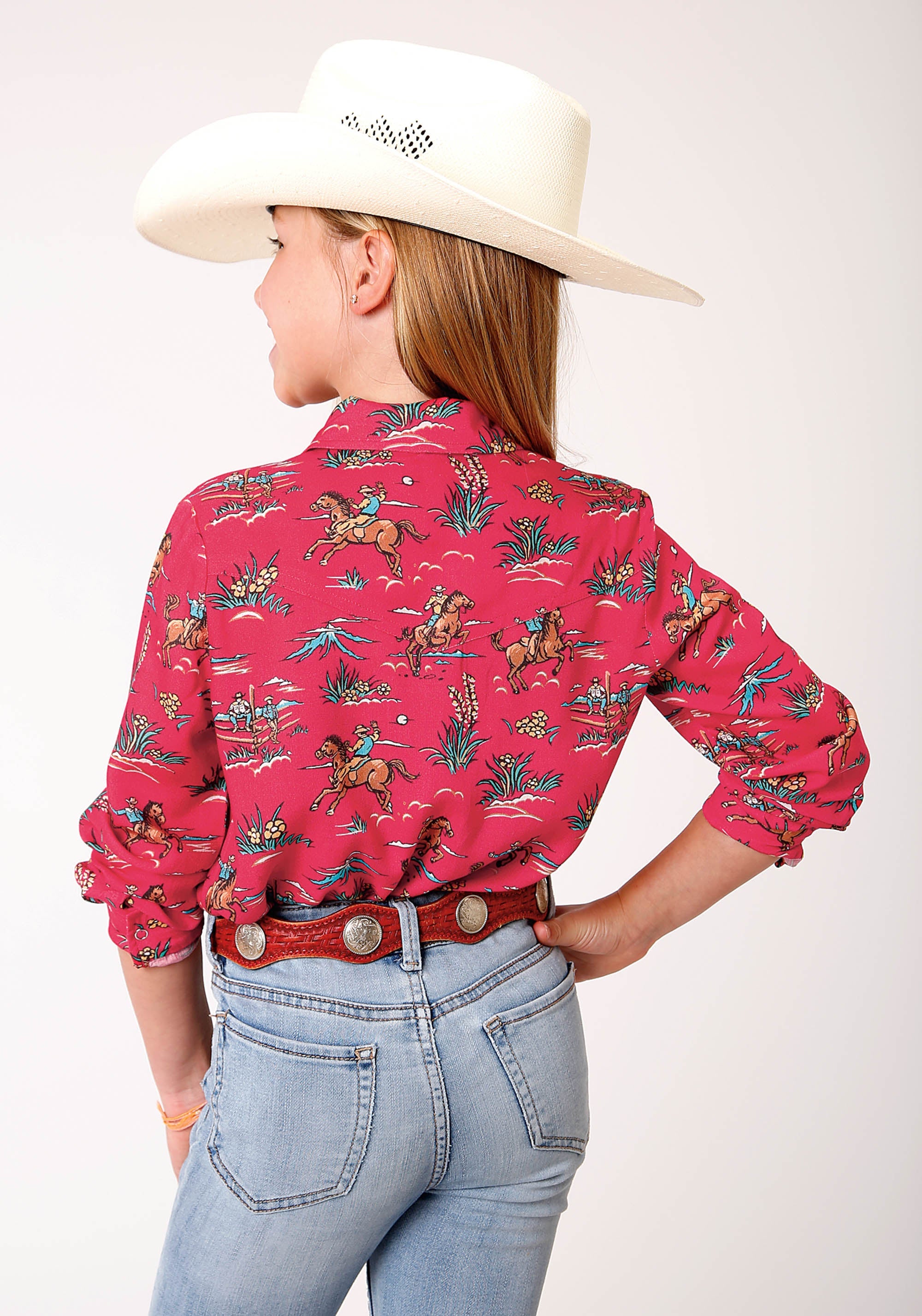 Roper Girls Long Sleeve Snap Red Western Print Rayon Challis Western Shirt - Flyclothing LLC