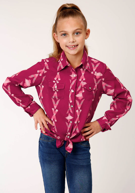 Roper Girls Long Sleeve Snap Wine Aztec Print Shirt - Roper