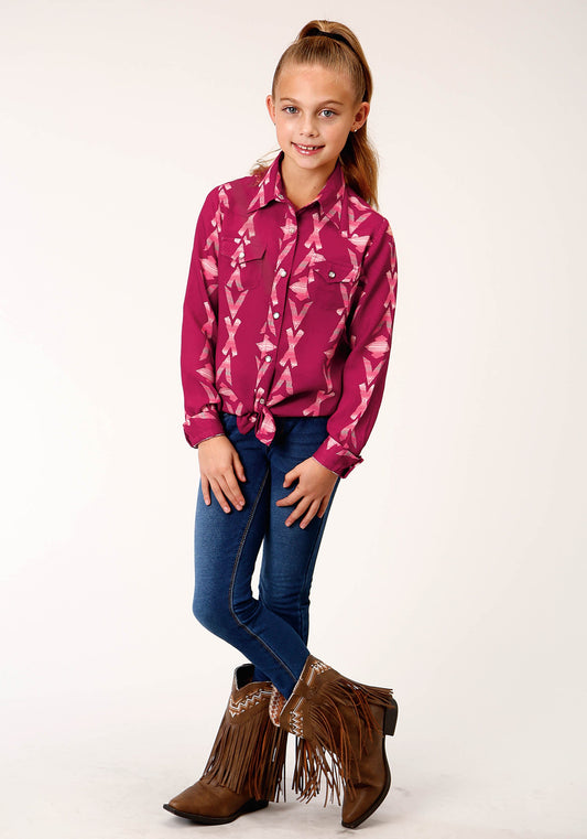 Roper Girls Long Sleeve Snap Wine Aztec Print Shirt - Roper