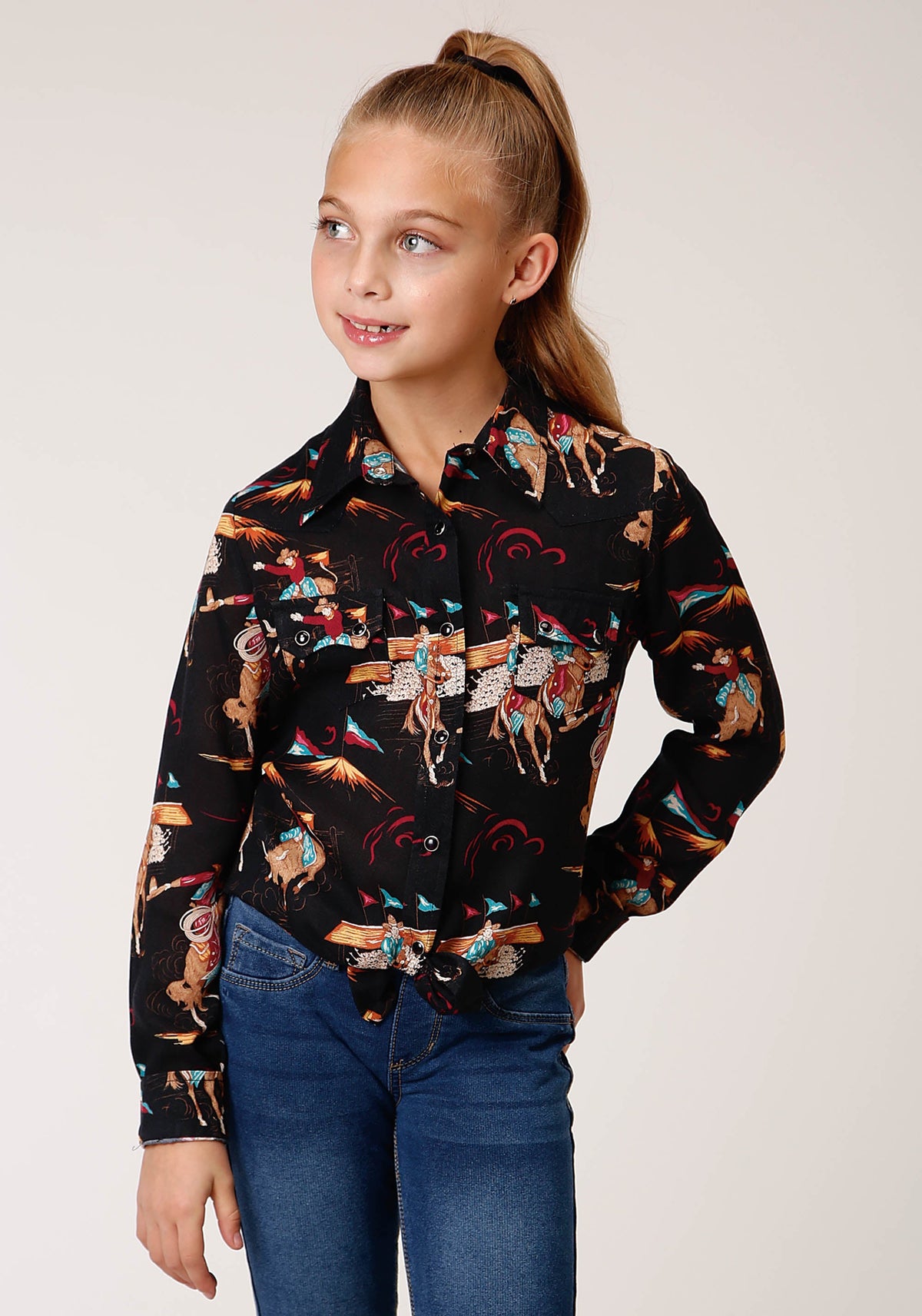 Roper Girls Long Sleeve Snap Retro Rodeo Print Western Shirt