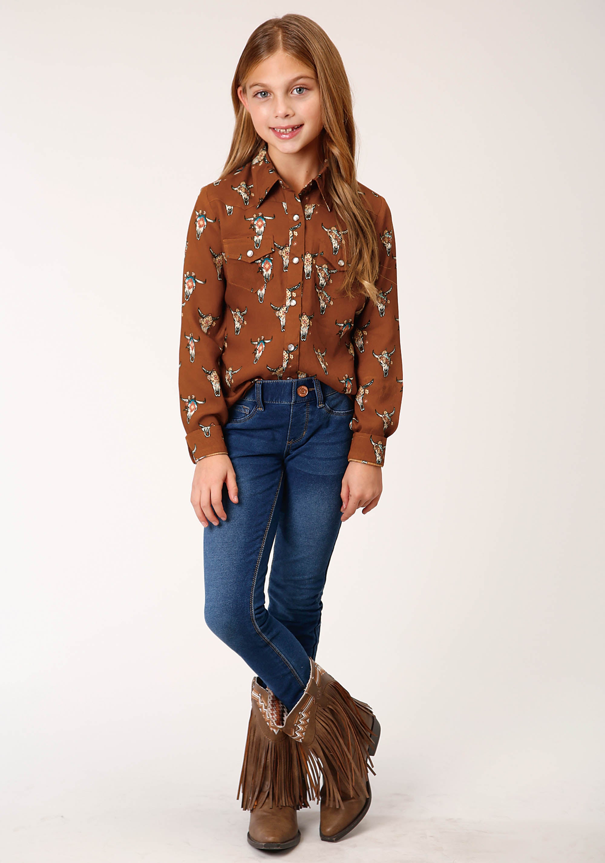 Roper Girls Long Sleeve Snap Cowskulls Print Shirt - Flyclothing LLC