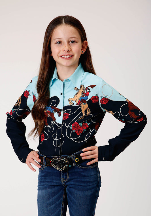 Roper Girls Long Sleeve Snap Cowgirl Border Print Rayon Western Shirt