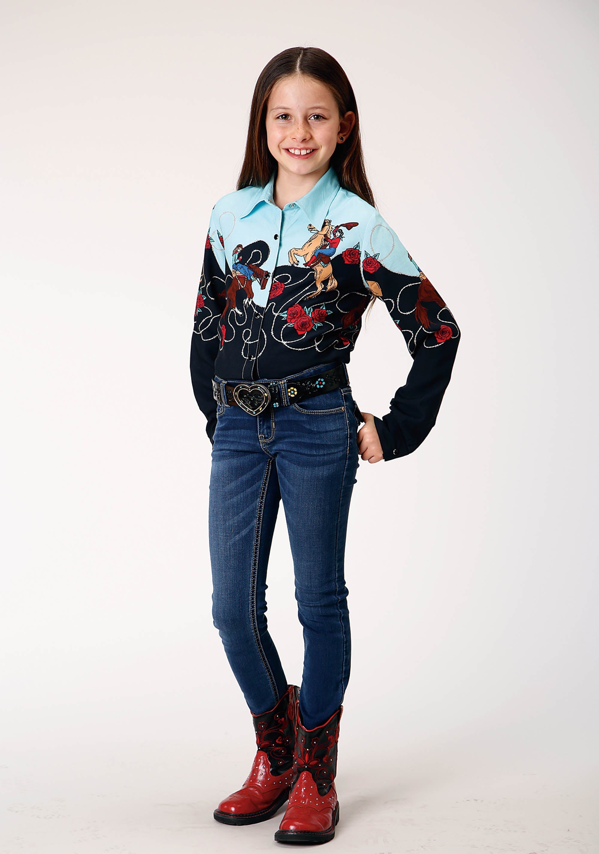 Roper Girls Long Sleeve Snap Cowgirl Border Print Rayon Western Shirt - Flyclothing LLC