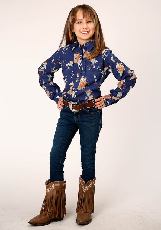 Roper Girls Long Sleeve Snap Cowboy Toile Print Rayon Western Shirt - Roper