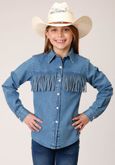 Roper Girls Long Sleeve Snap Medium Blue Denim Western Shirt - Roper