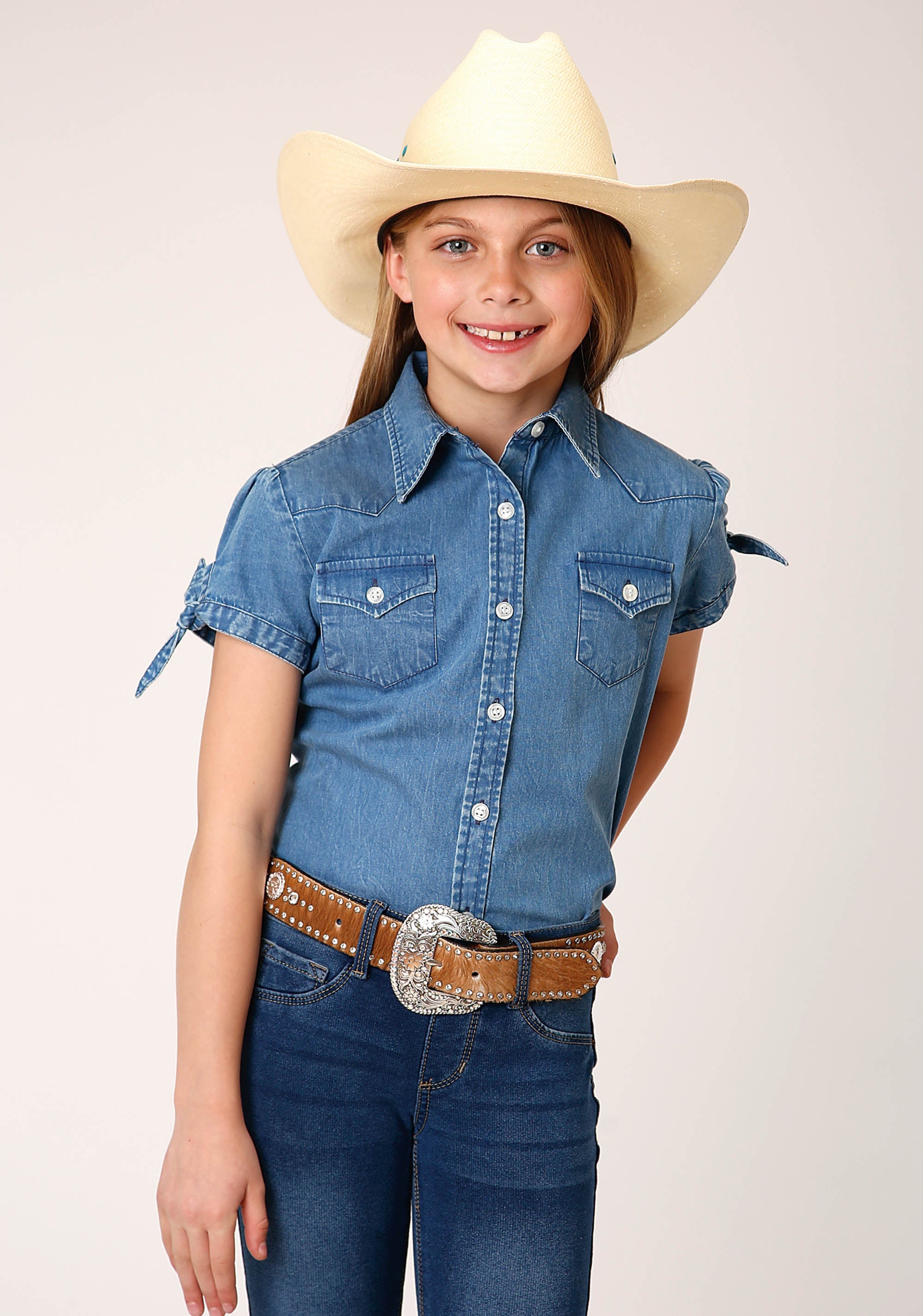 Roper Girls Short Sleeve Button Medium Blue Denim Western Shirt - Roper