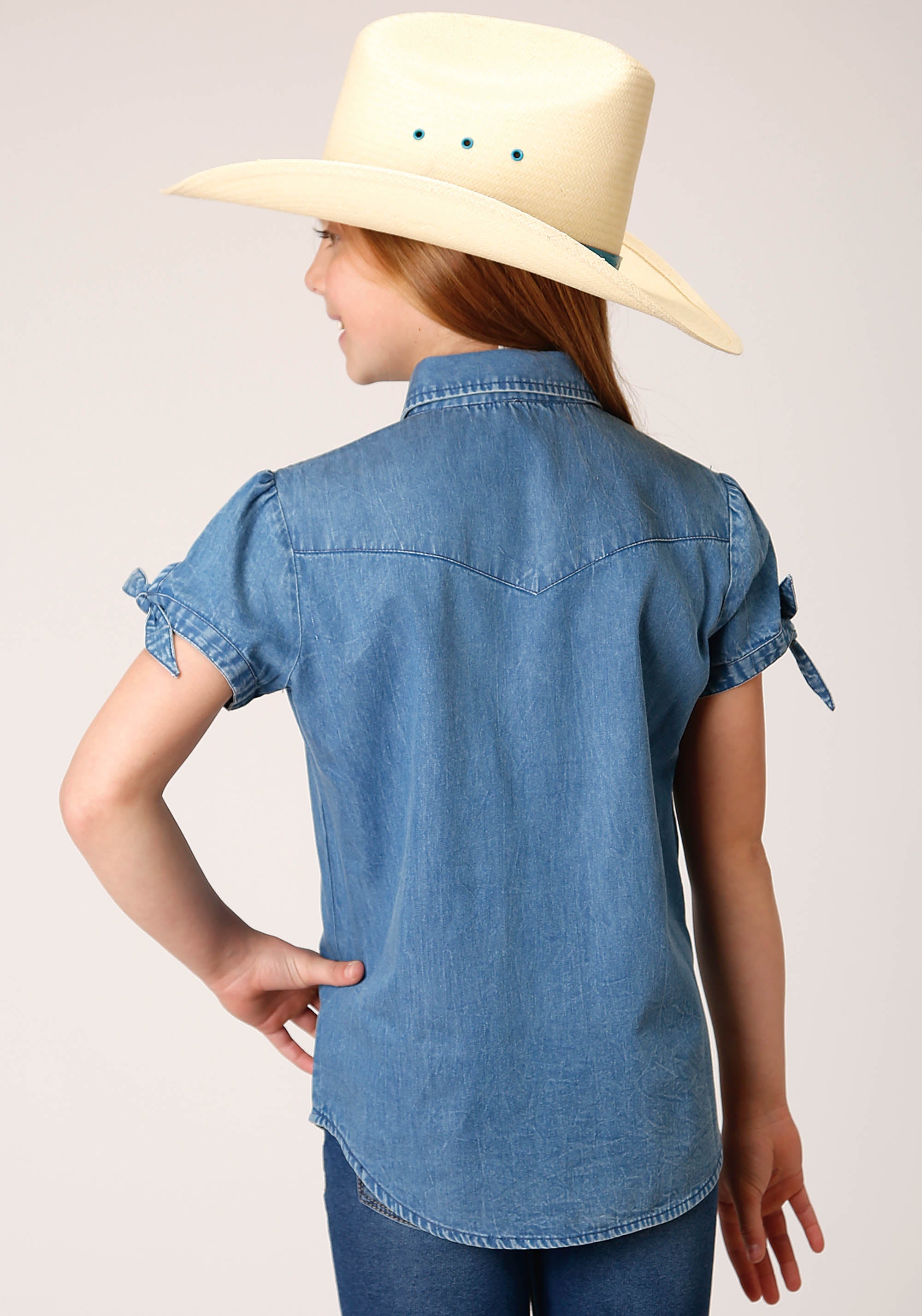 Roper Girls Short Sleeve Button Medium Blue Denim Western Shirt - Roper