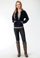 Roper Womens Navy Blue Crushed Velvet  Zip Front Jacket - Roper