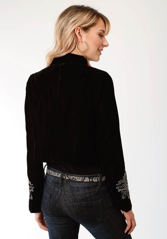 Roper Womens Solid Black Velvet With Embroidery Zip Front Jacket - Flyclothing LLC