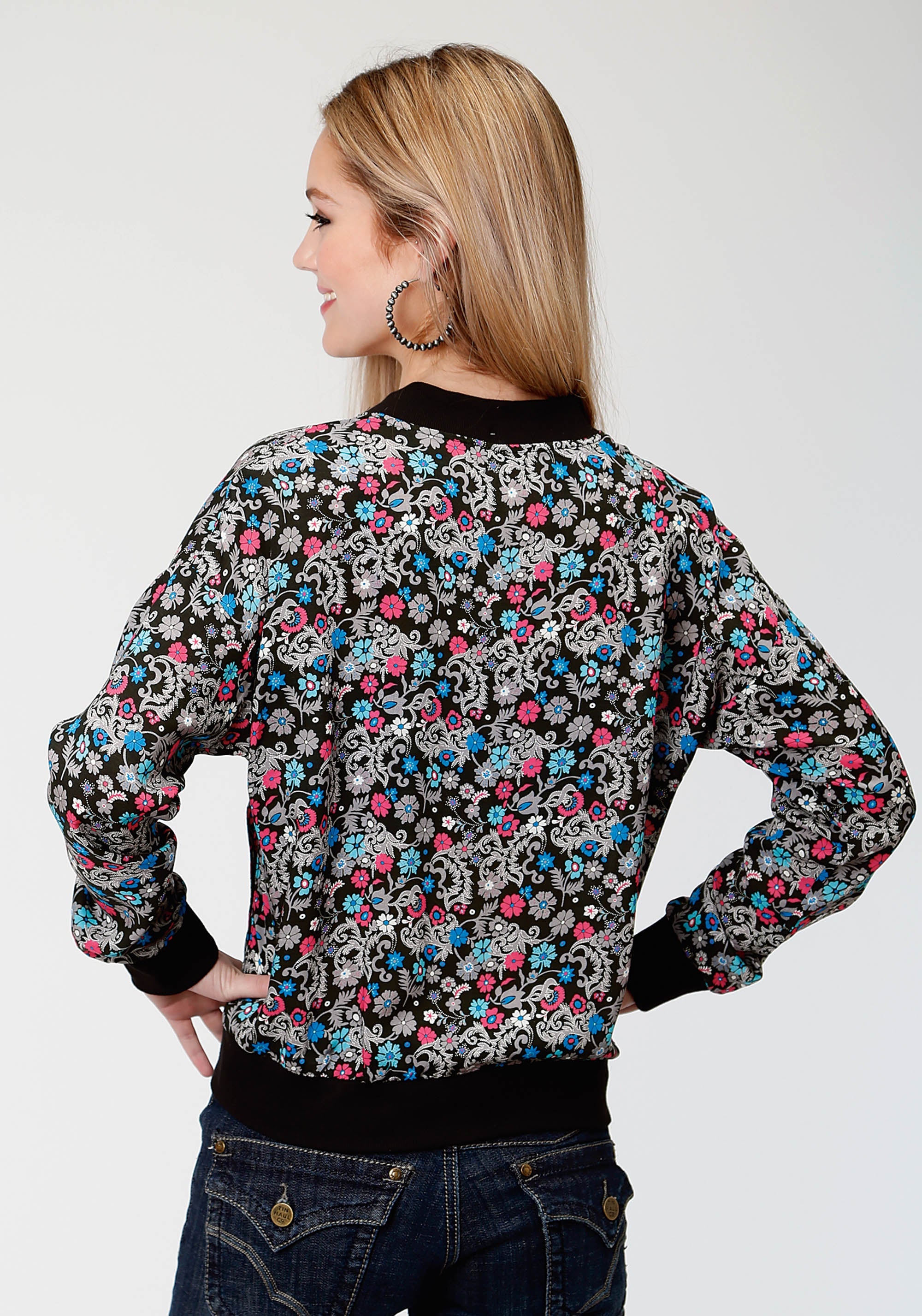 Roper Womens Black Flower Print Bomber Jacket - Roper