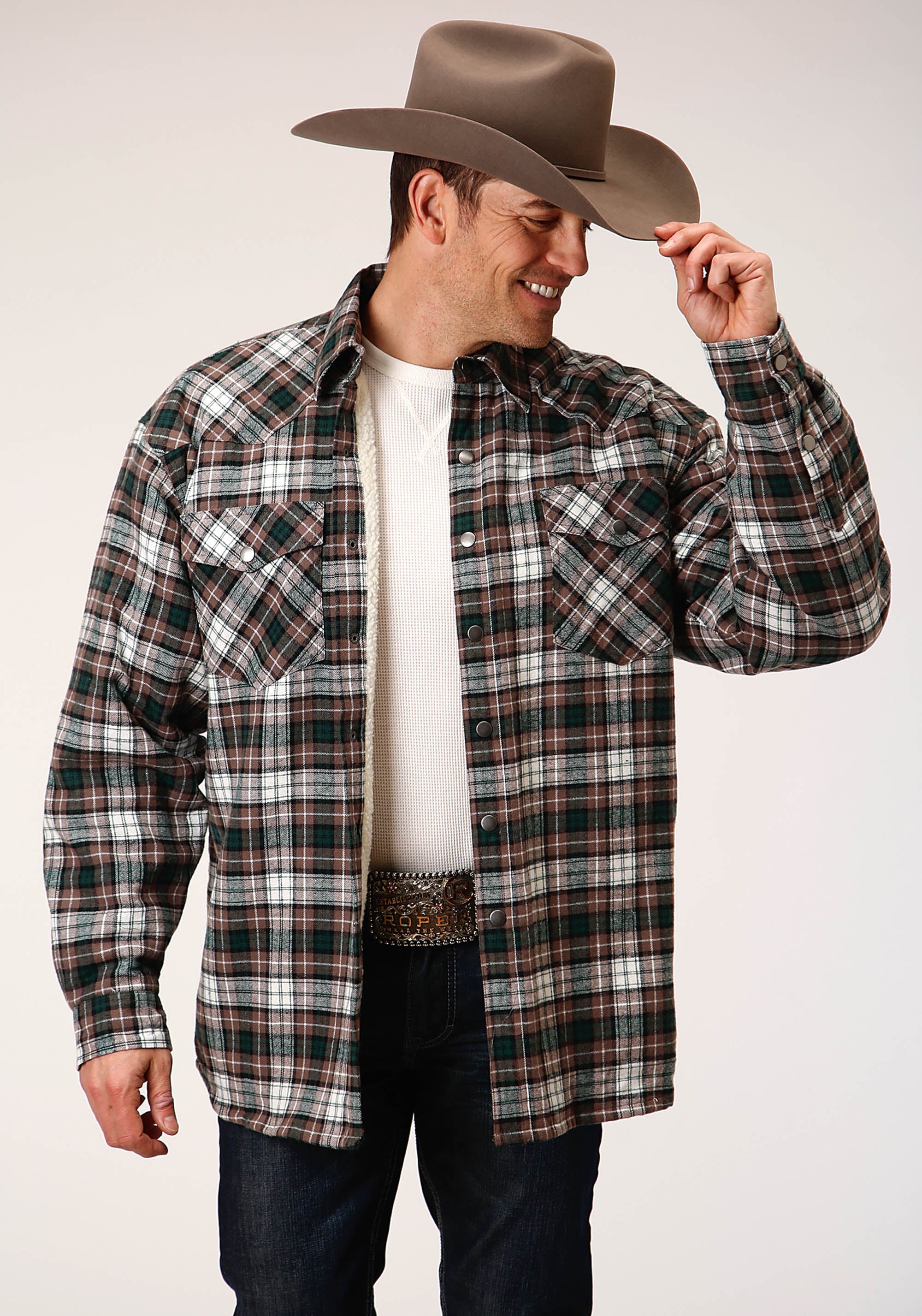 Roper Mens Long Sleeve Snap Sherpa Lined Flannel Shirt Jacket - Roper